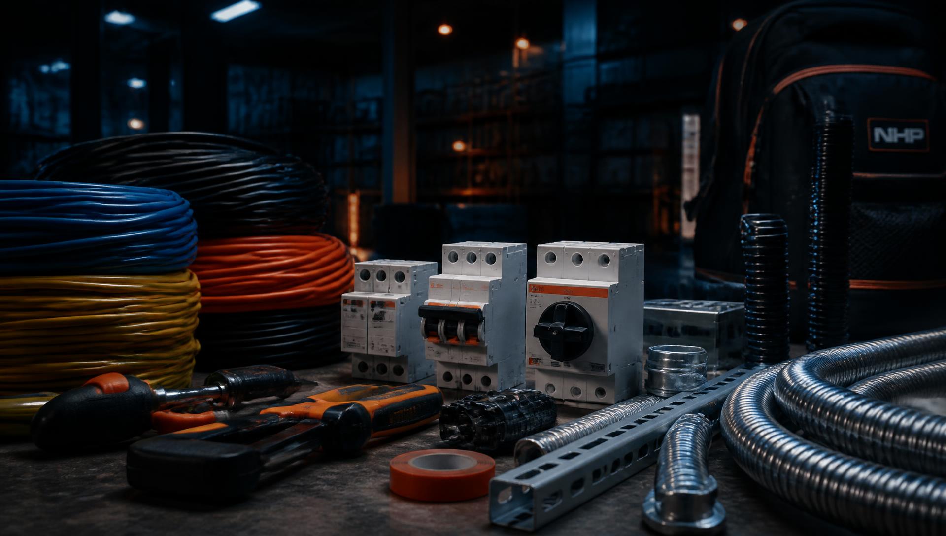 Materiales eléctricos: cables, breakers y herramientas de instalación